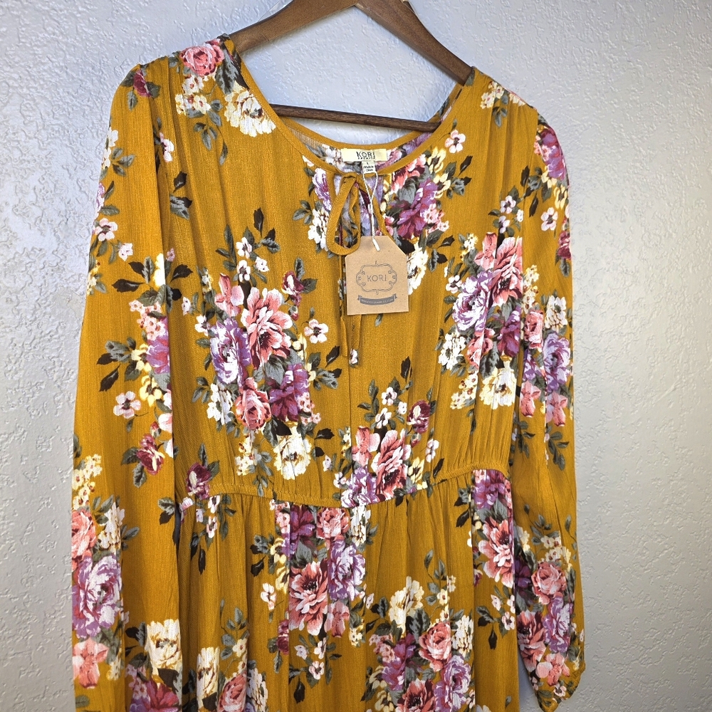 KORI America Boutique Floral Golden Yellow Dress Boho Romantic Tie-Neck – Size L - Picture 10 of 17